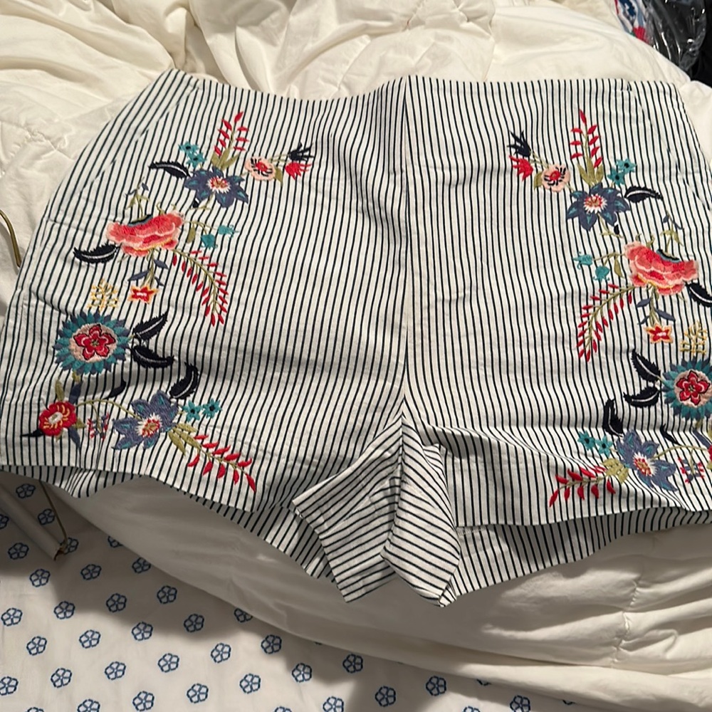 New with tags, nautical navy and cream shorts with colorful embroidery.